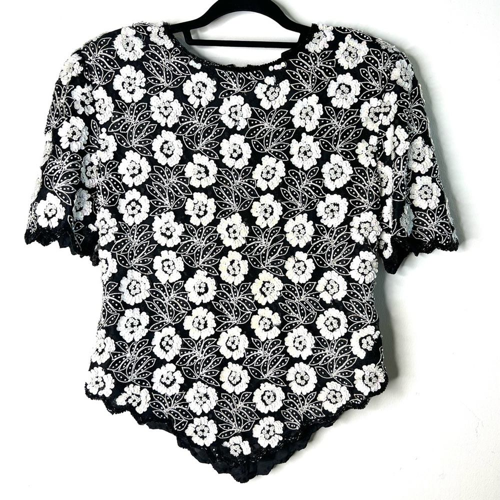 Laurence Kasar Vintage 80’s Floral Sequins Top Black White SZ L NWT